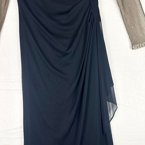 Xscape Noah Illusion Long Sleeve Lace Matte Jersey Gown Ruched Size 6 Navy Gold - Picture 9 of 16